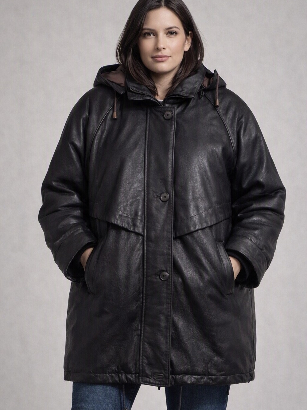Vintage Ikon Leather Coat Size M-L Deep Brown Hooded Heavy Lined Winter Jacket